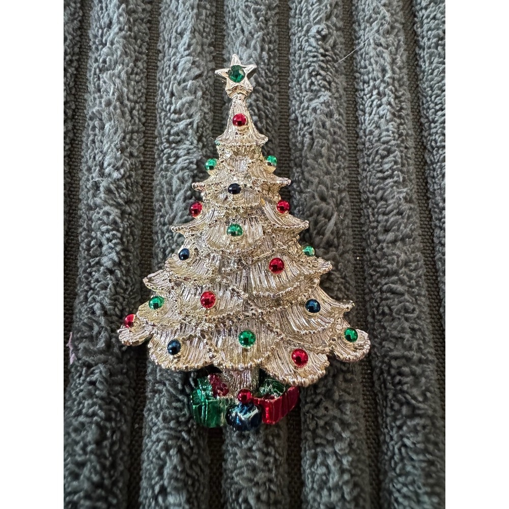 Steven Michael Christmas Tree Pin‎ Brooch Rhinestone Presents Gold Tone Star